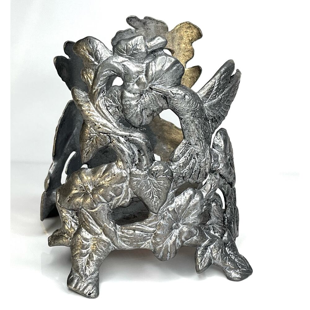 VTG Carson Hummingbird CANDLE JAR HOLDER 4.25"D Pillar Floral Silver Metal 5.5"T